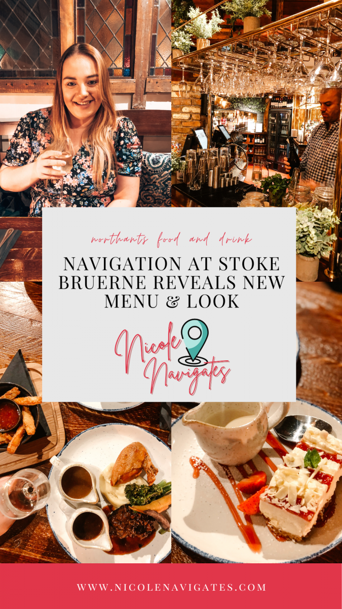 Red Pinterest pin with four images of Navigation Stoke Bruerne 
